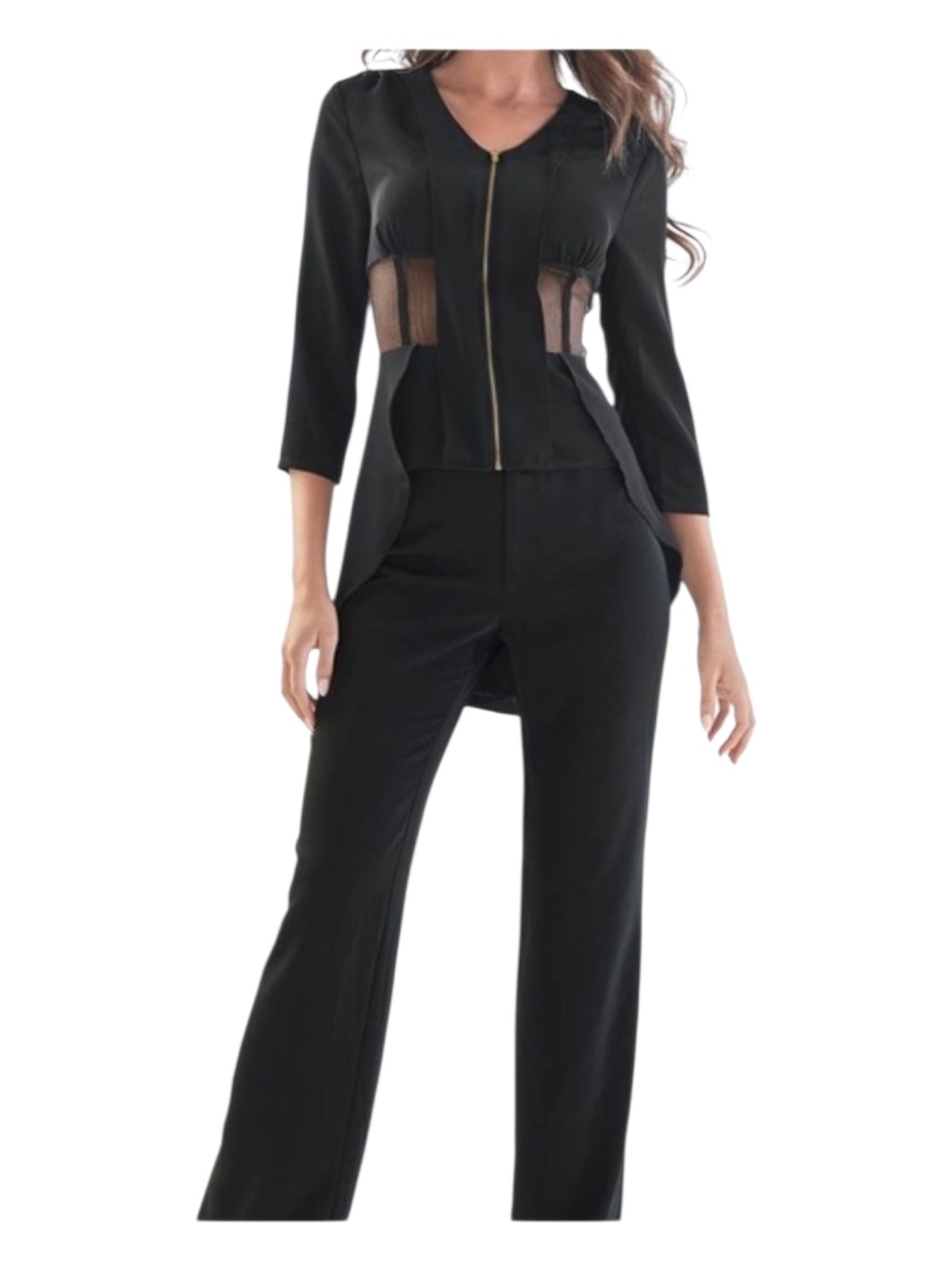 NEW VENUS Peek-a-Boo Cape Pant Set Suit with Sheer Side Panels an Gold Zipper